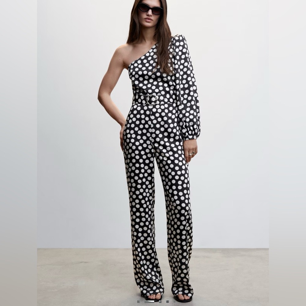 Mango Black and White Polka Dot One-Shoulder Jumpsuit